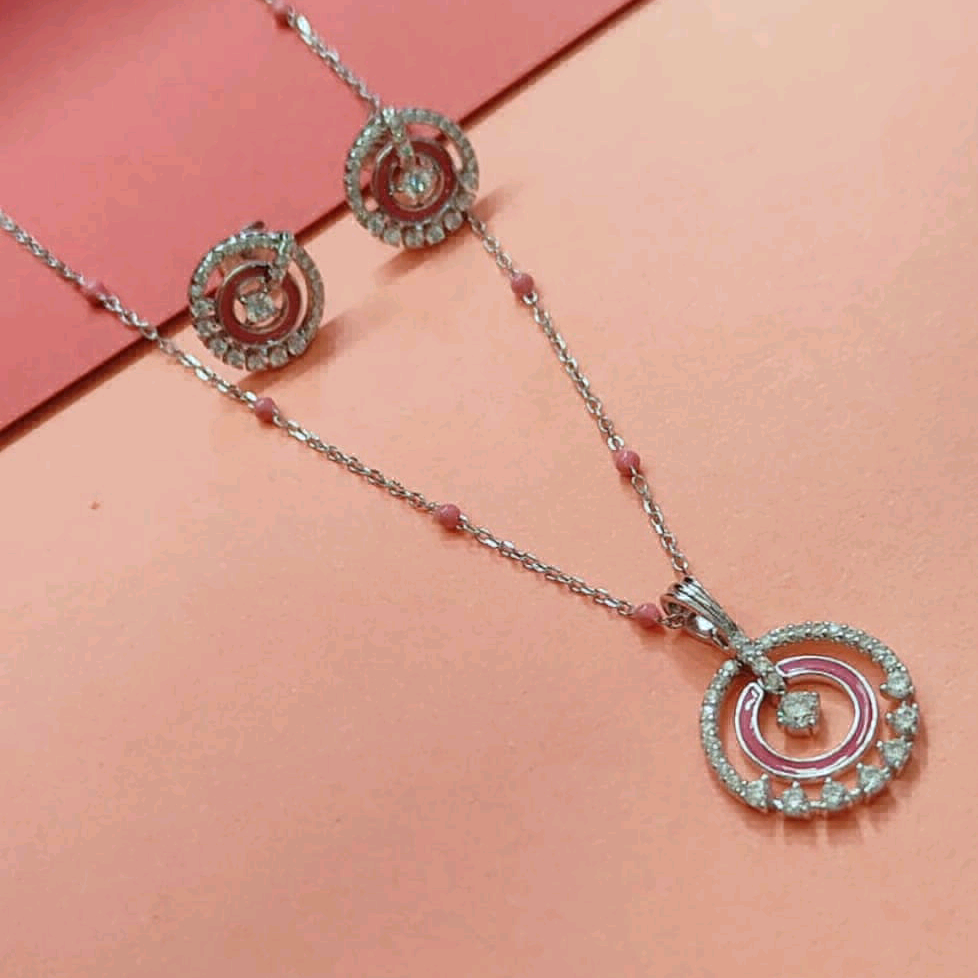 Stylish Pink Enamel CZ pendant set in silver